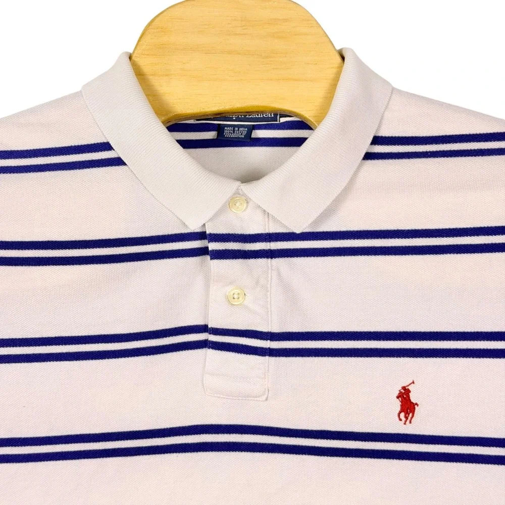Vintage Polo Ralph Lauren Polo Shirt Men L Blue White Stripe Pony Pique Cotton